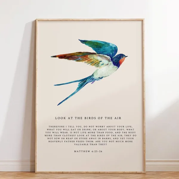 Matthew 6:25-26 Birds, Vintage Bible Verse Art Print