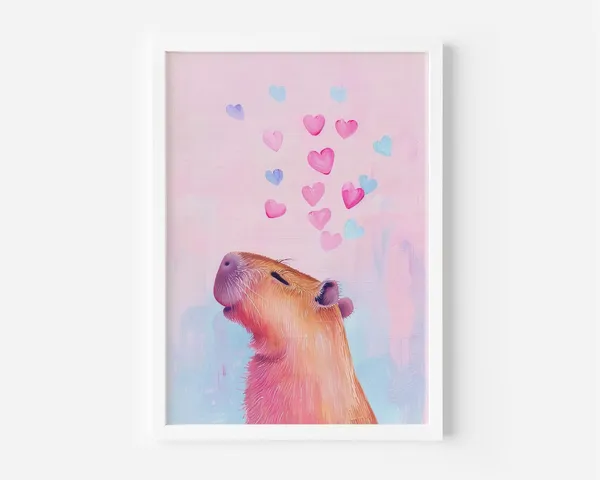 Capybara In Love, Whimsical Pastel Portrait Art Print
