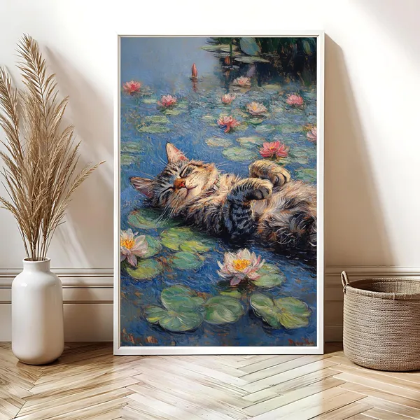 Monet Waterlily Cat Office Decor Poster