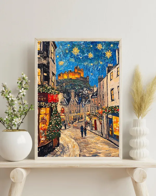Edinburgh Winter Scene, Scotland Christmas Art Print