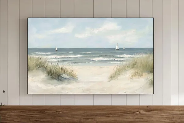 Vintage Beach Oil Painting Art Print, Coastal Seascape
