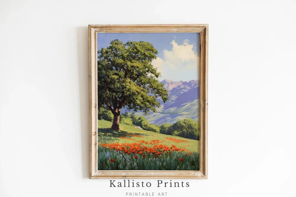 Poppy Field Landscape Print, Impressionist Floral Meadow