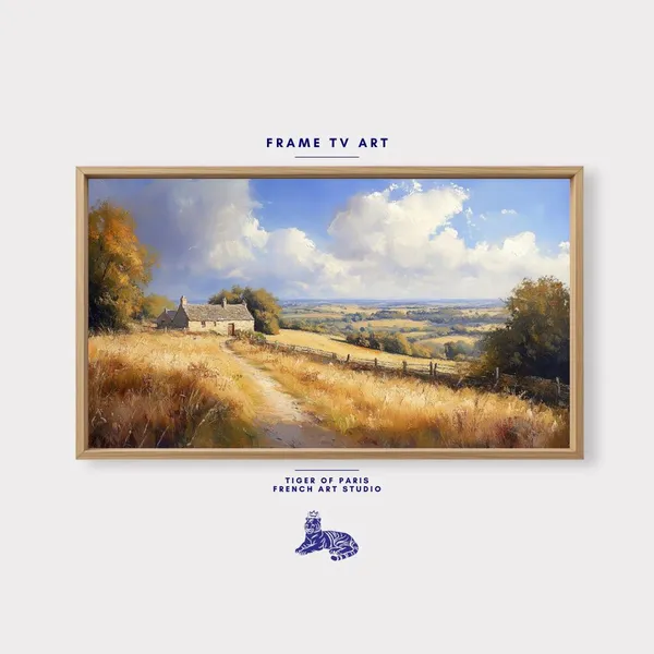 Serene English Countryside Landscape, Oil-Style Art Print