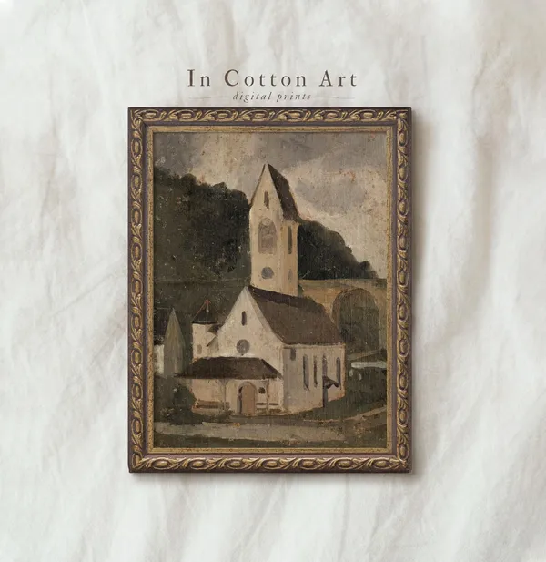 Vintage Church Landscape Art Print, Rustic Chapel