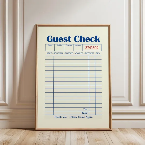Blank Guest Check Personalized Wall Art Print