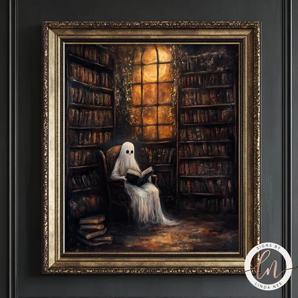 Vintage Library Ghost, Dark Academia Spooky Poster