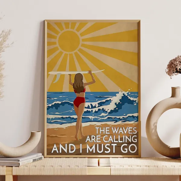 Girl Surfing, Vintage Surfing Wall Art Print
