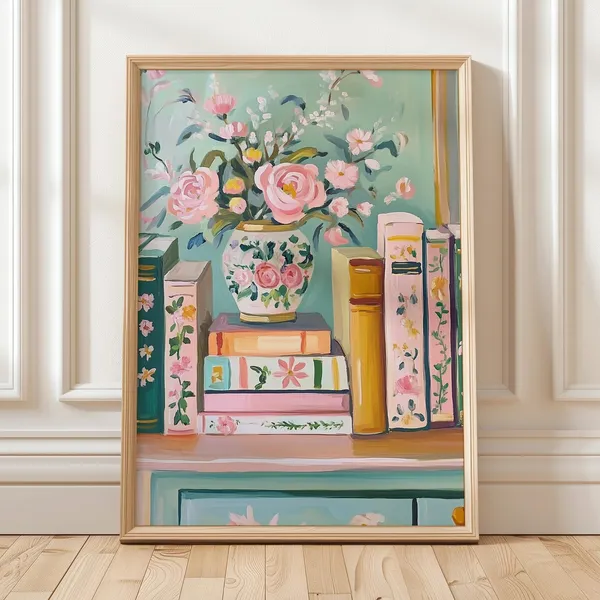Vintage Floral Bookshelf Art Print, Book Lover Decor