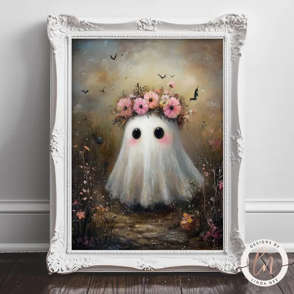 Cute Ghost Flower, Vintage Gothic Halloween Print