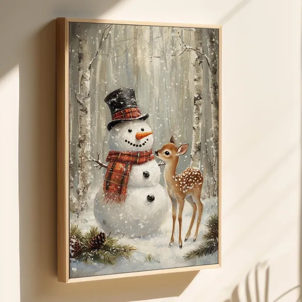Snowman and Fawn Winter Scene Art Print, Holiday Decor