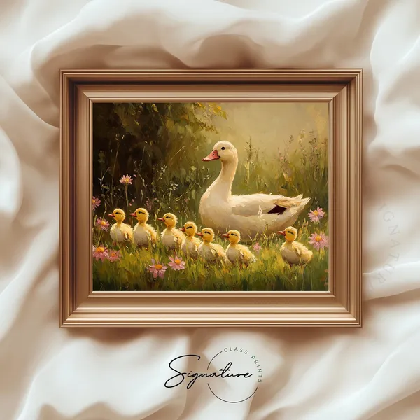 Mother Duck With Ducklings Art Print, Rustic Farmhouse