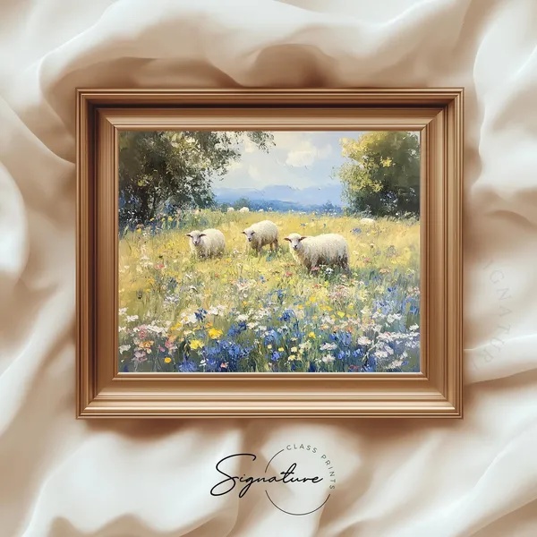 Lambs in Wildflower Meadow Art Print, Cottagecore