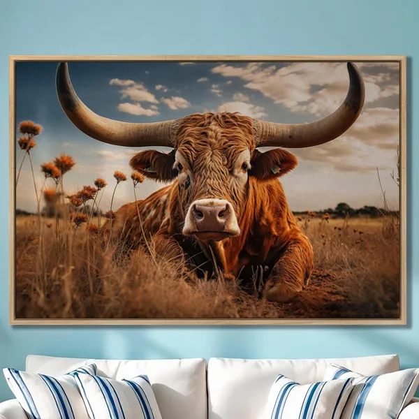 Texas Longhorn Cow Art Print, Rustic Farmhouse