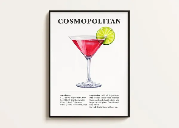 Cosmopolitan Recipe Cocktail Art Print, Bar Kitchen