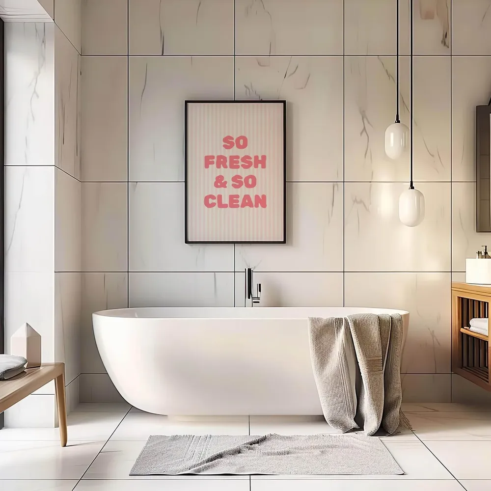 So Fresh So Clean Pink Striped Bathroom Poster Print - Image 2