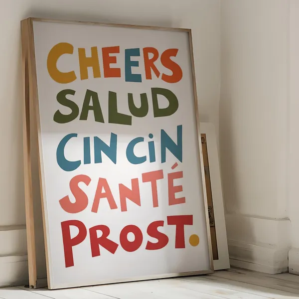 Cheers Bar Cart Retro Typography Multilingual Art Print