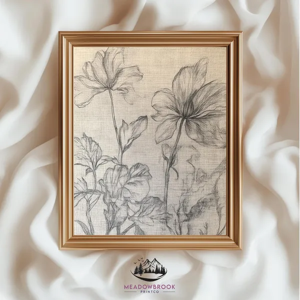 Rustic Floral Pencil Sketch Flowers, Farmhouse Decor