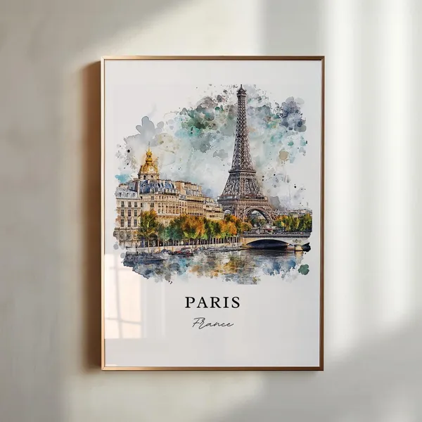 Paris Seine River Watercolor Travel Poster, France