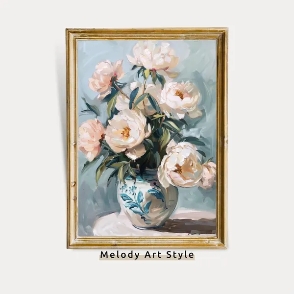 Cream Peonies Vase, Vintage Floral Poster Print