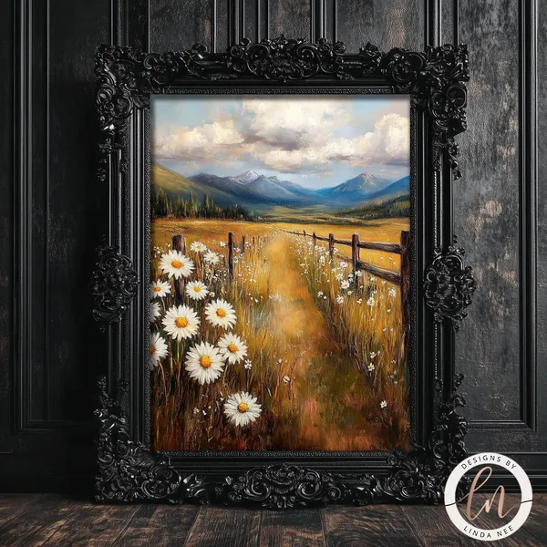 Rustic Meadow Landscape, Wild Daisies Art Print