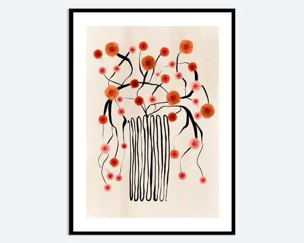 Orange Flowers In Abstract Vase, Botanical Art Print