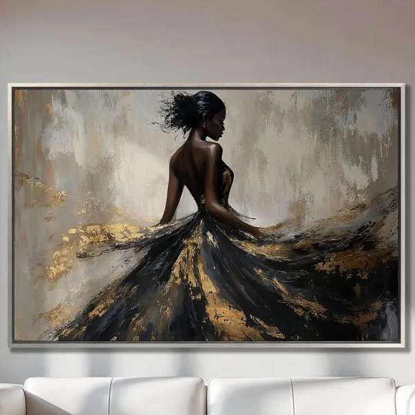 Beautiful Woman in Dress, Black and Gold Abstract Art Print