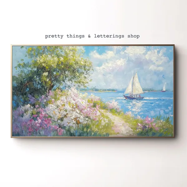 Spring Sailboat Painting Art Print, Floral Landscape