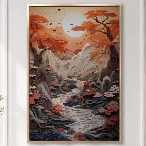 Autumn Sunset Japanese Landscape, Ukiyo-E Art Print