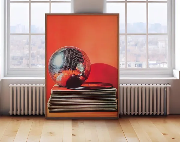 Retro Music Poster, Vintage Vinyl Disco Ball Art Print