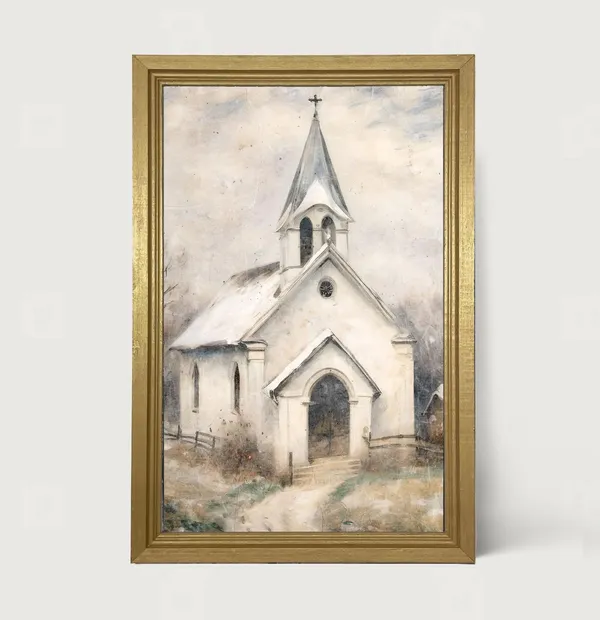 Rustic White Church With Fence, Country Church Art Print