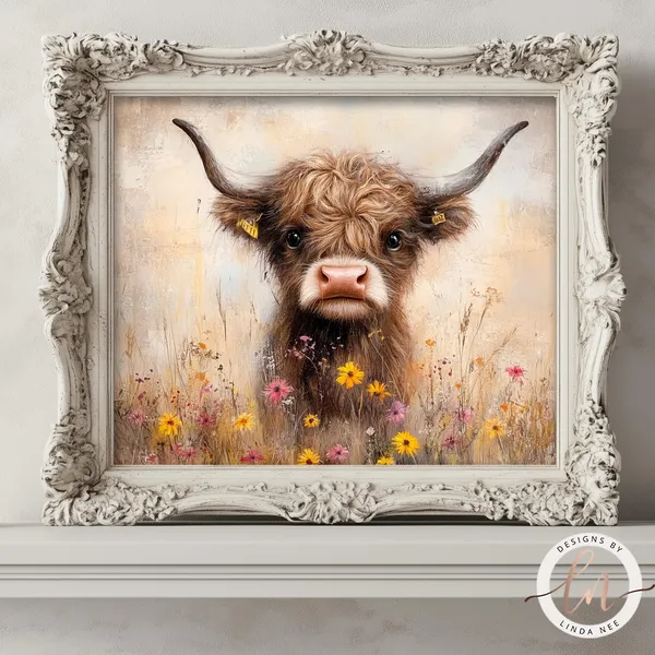 Baby Cow in Wildflowers, Vintage Farmhouse Art Print