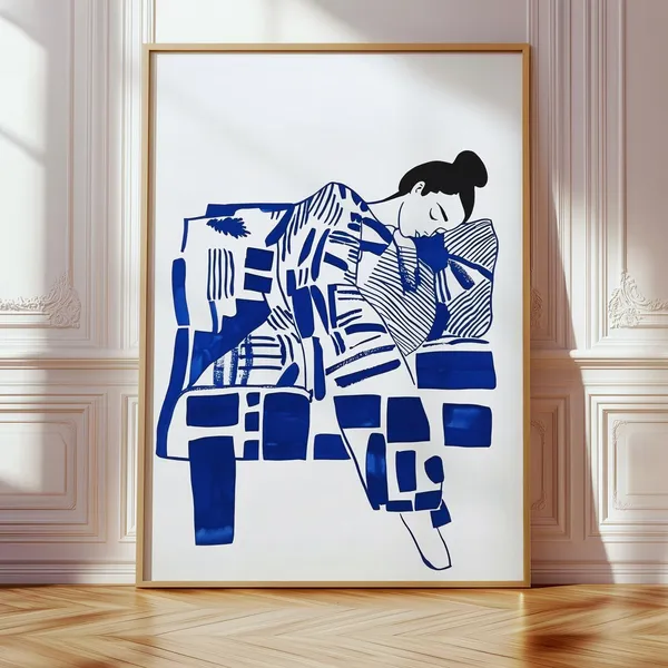 Minimalist Woman Resting, Blue Bedroom Wall Art Print