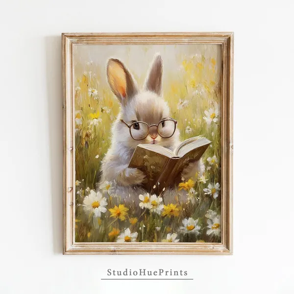 Easter Bunny Reading Book Art Print, Spring Nursery Decor