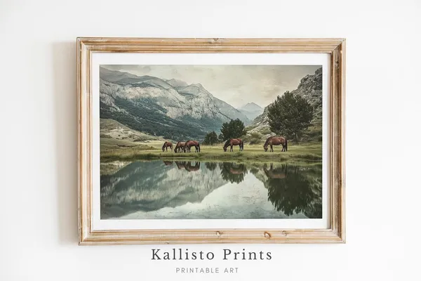 Wild Horses Landscape Art Print, Rustic Western Decor