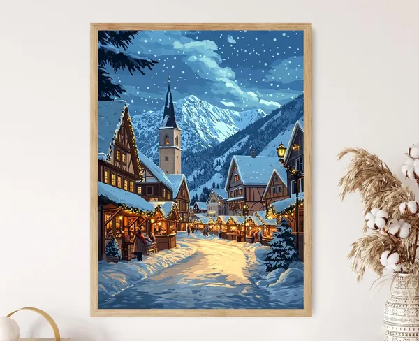 Bavarian Winter Village Art Print, Christmas Market