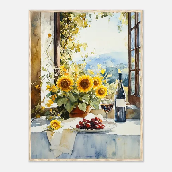 Tuscany Sunflowers Watercolor Art Print, Rustic Window View