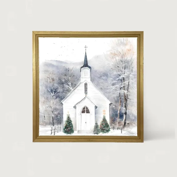Winter Church And Christmas Trees Art Print