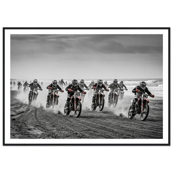 Motorcycle Race Print, Black And White Beach Adventure