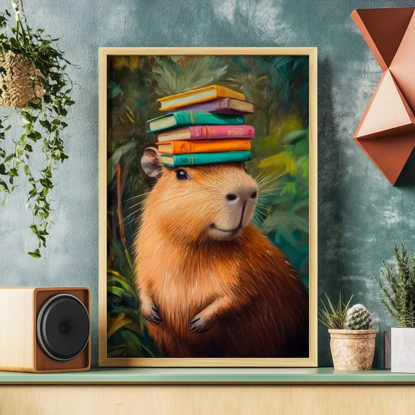 Capybara Balancing Books Poster, Lake Life Decor