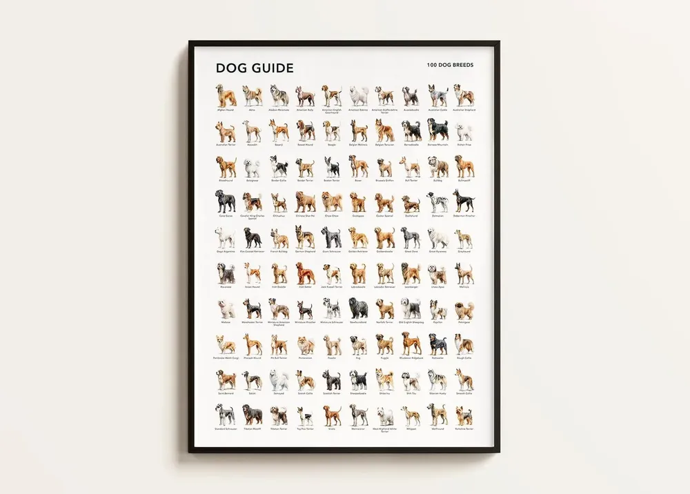 100 Dog Breeds Poster, Dog Lover Gift