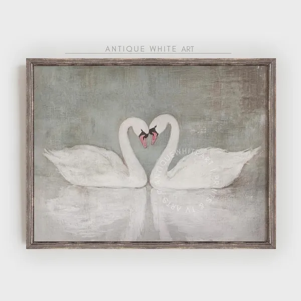 Valentines Day Swans, Muted Vintage Romantic Print