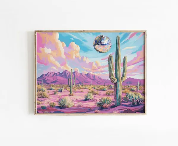 Disco Cactus Cowgirl Funky Pink Desert Art Print