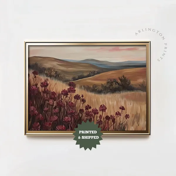Moody Red Wildflowers Vintage Oil Painting Art Print