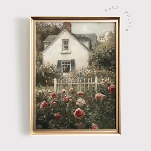 English Garden Cottage Vintage Art Print