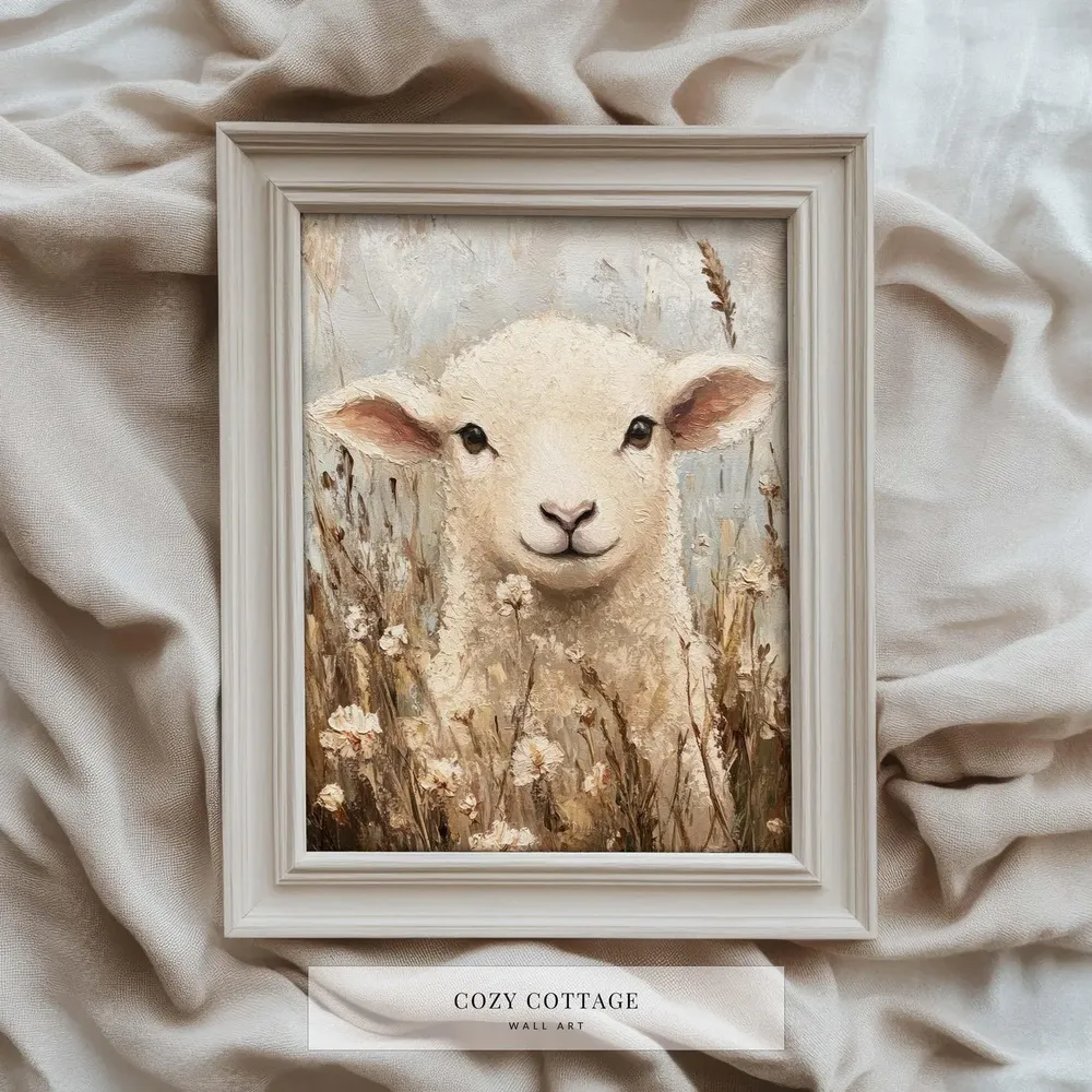 Lamb in Flower Meadow, Vintage Cottage Art Print - Image 2