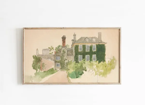 European Architectural Sketch, Green Vintage Art Print