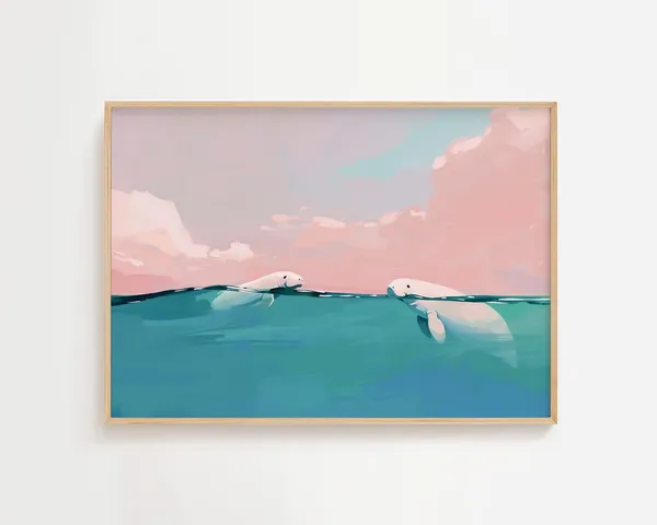 Manatees Cresting Sea Life Coastal Art Print