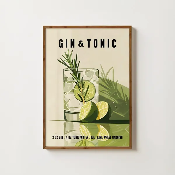 Gin Tonic Retro Cocktail Poster, Bar Cart Decor
