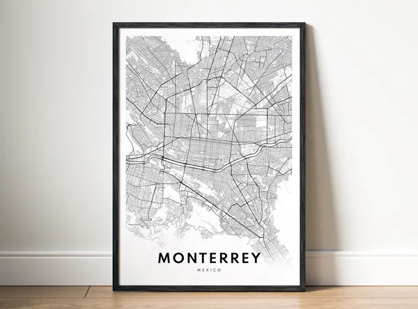 Monterrey Map Print, Mexico Black And White Sketch