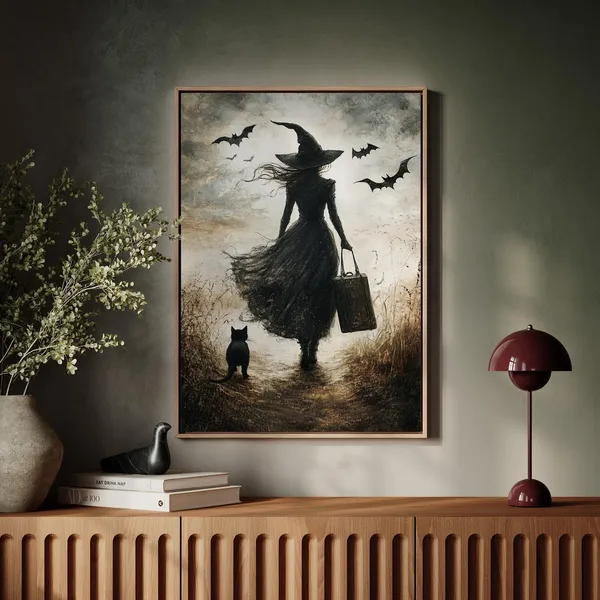 Witch With Black Cat And Bats, Gothic Halloween Art Print